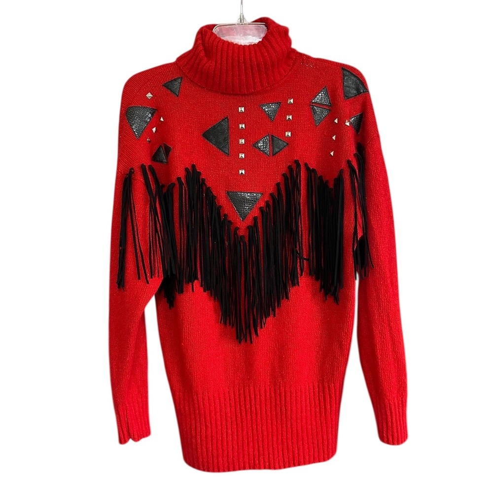 I.B. Diffusion Vintage Red Fringe Studded Turtleneck Sweater L Western‎ 80s